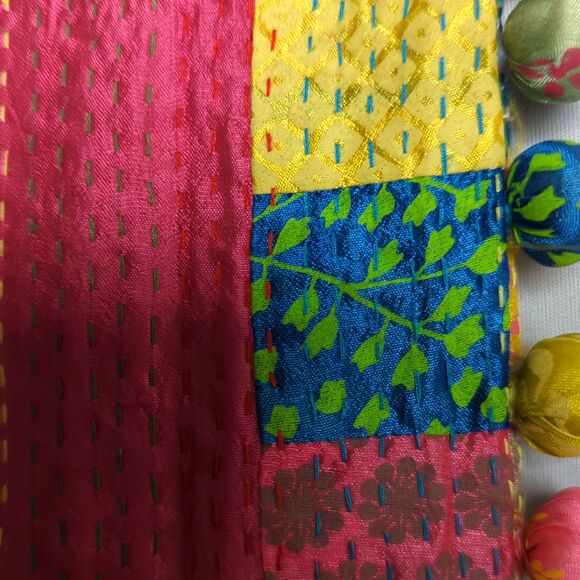 Handmade Silk Patchwork Crossbody Bag - Colorful Hippie Purse - Pom Pom Trim - Picture 4 of 5